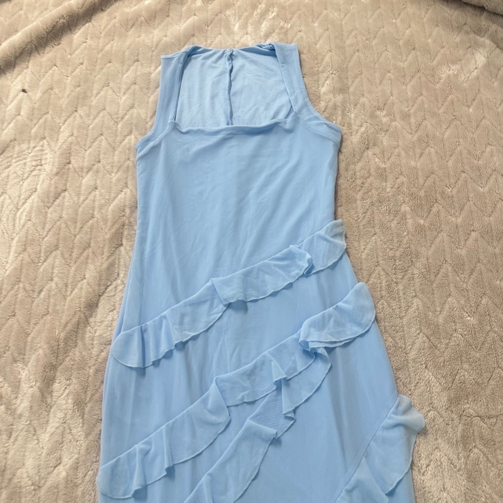 Light Blue Square Neck Ruffle Tiered Mesh Maxi Dress Sleeveless Formal Gown M - Picture 4 of 6